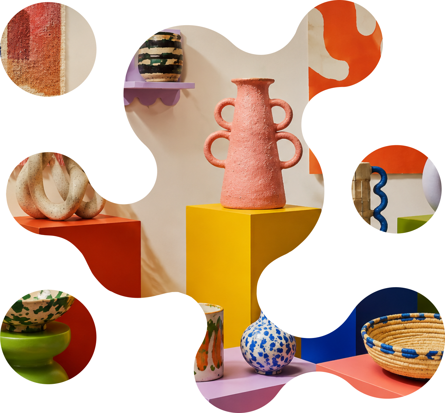 A curated arrangement of handmade ceramics, textiles, and objects by independent makers